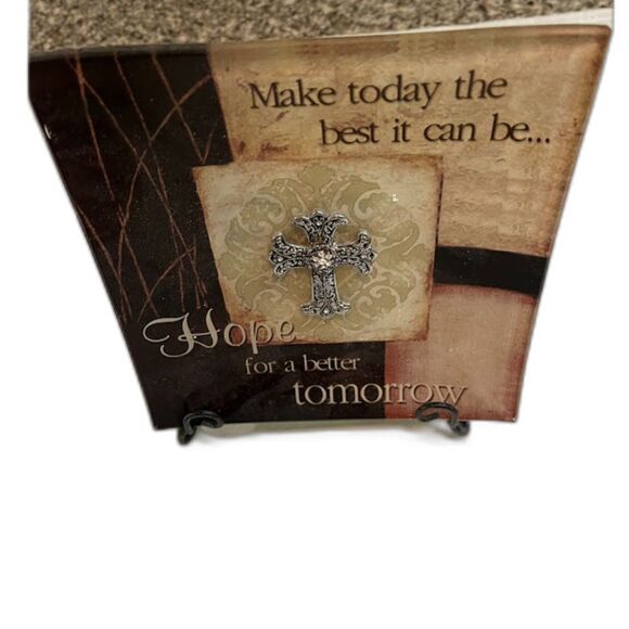 Inspirational Christian Brown Glass Plate w/ Silver Cross Religious Decor - Picture 3 of 4